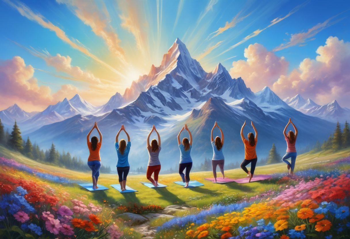 A serene landscape where a mountain peaks against a bright blue sky, symbolizing personal growth. In the foreground, a diverse group of people are joyfully laughing and engaging in uplifting activities like yoga, painting, and playing music. Colorful flowers bloom around them, representing happiness and positivity. Ethereal wisps of light or laughter flow through the scene, connecting everyone. soft-focus background. vibrant colors. super-realistic.