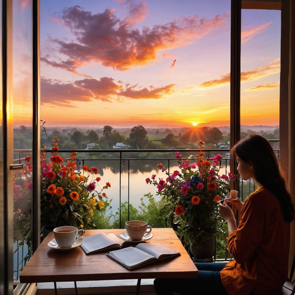 A serene morning scene with a person savoring a cup of tea on a balcony, overlooking a vibrant sunrise. Surrounding them are elements of nature like blooming flowers and birds in flight, symbolizing the beauty in simple moments. Include a notebook and pencil nearby, suggesting mindfulness and reflection. The atmosphere should evoke warmth and tranquility, inspiring a sense of everyday bliss. soft focus, warm colors, impressionistic style.