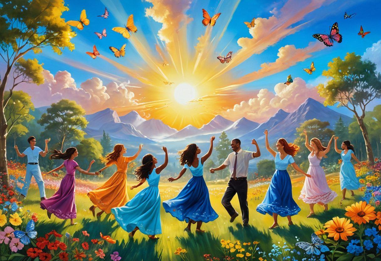 A whimsical landscape featuring a vibrant sun shining down on a diverse group of joyful people engaging in various activities like dancing, painting, and laughing together. Incorporate elements of nature such as colorful flowers and butterflies to symbolize happiness. Add soft, gentle clouds in a bright blue sky to enhance the joyful atmosphere. super-realistic. vibrant colors.